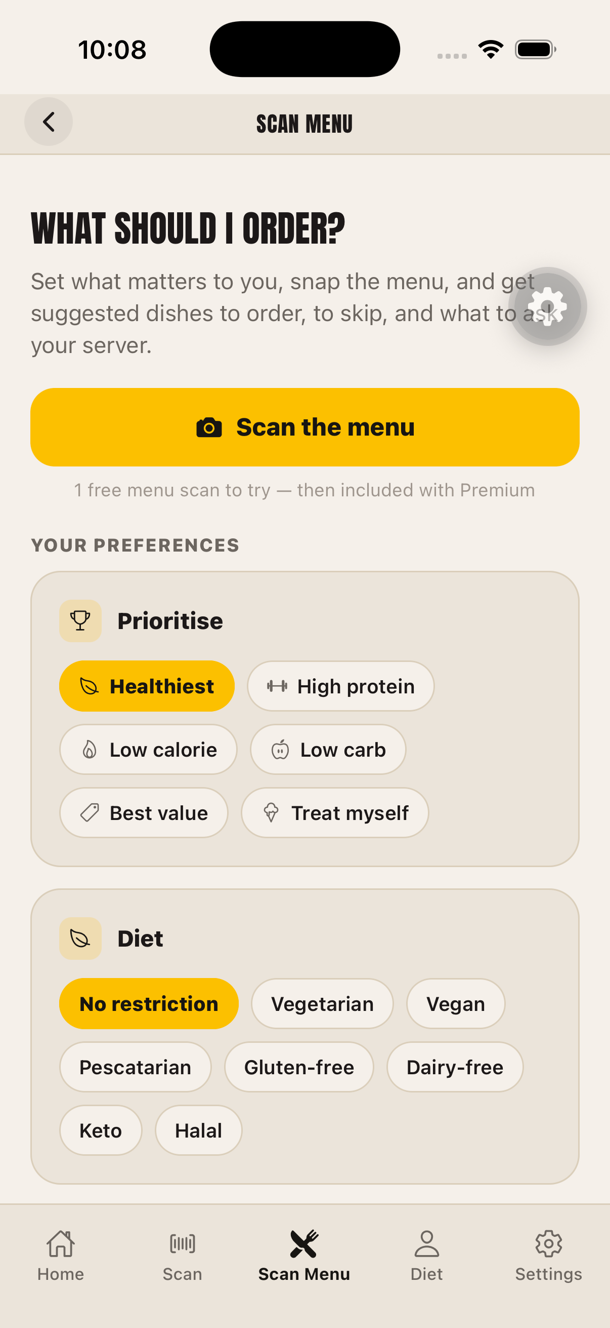 Scan Menu preferences screen